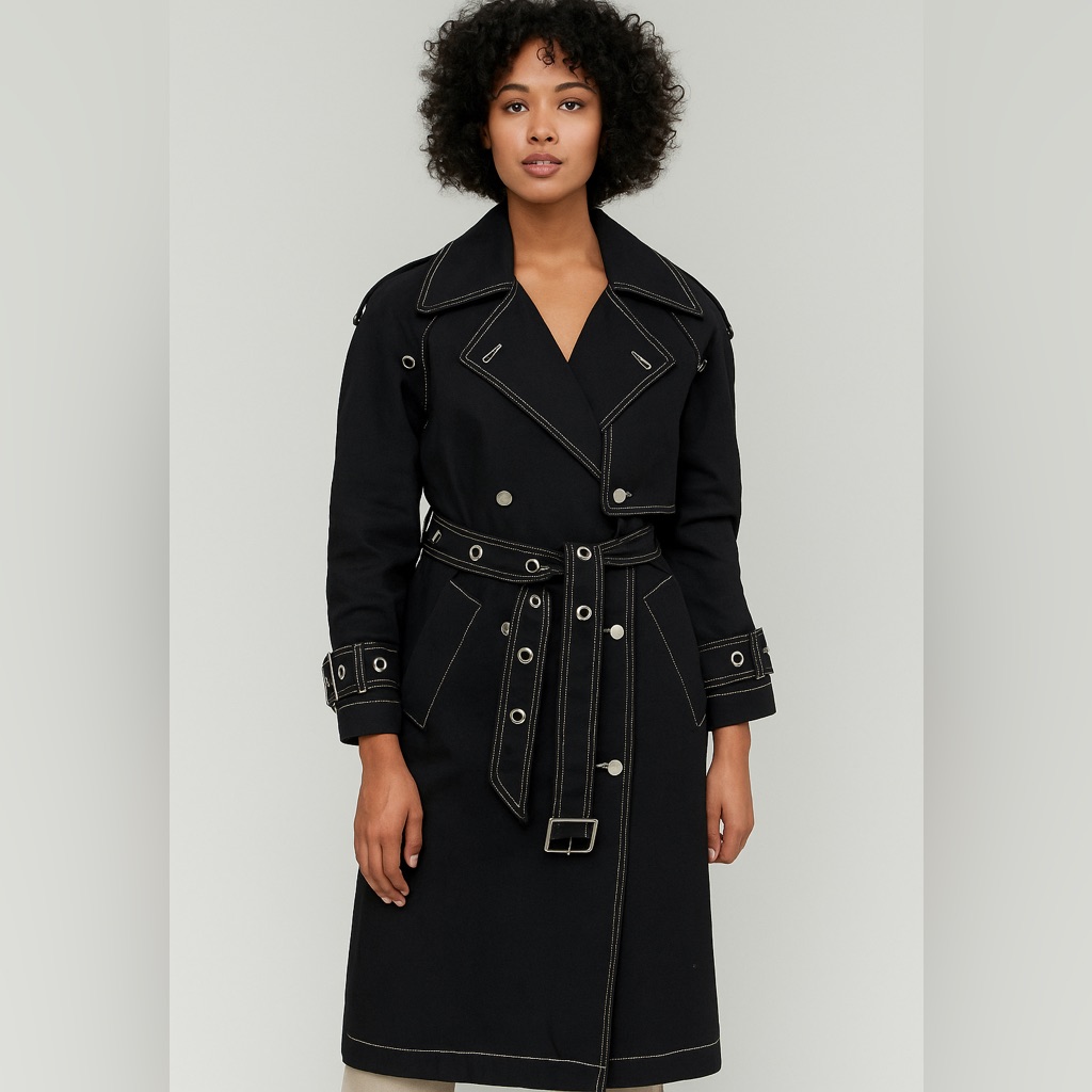 Etica Black Denim Trench Coat With Contrast Stitching
